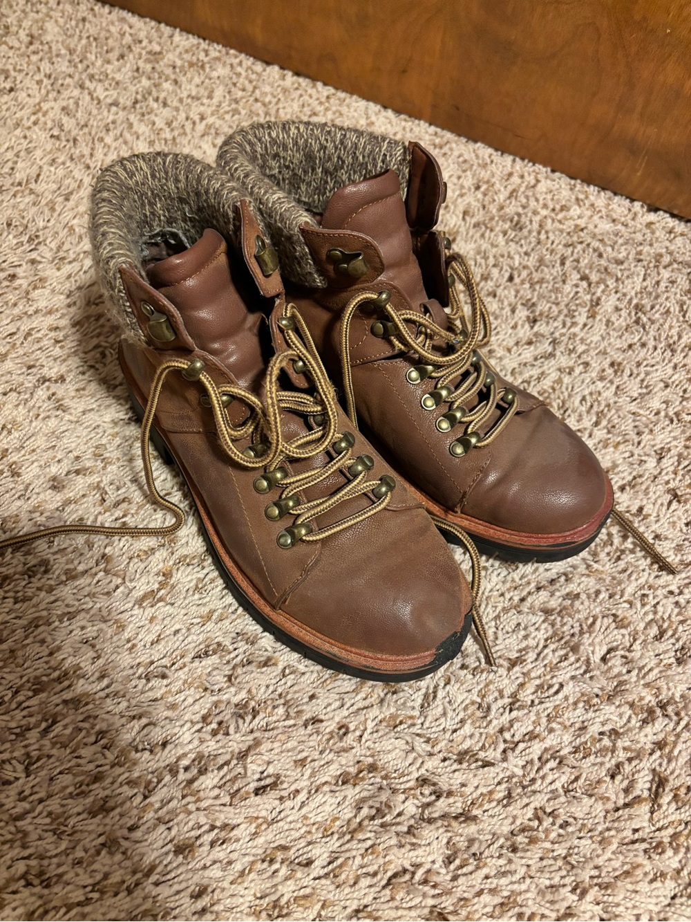 Women’s Brown Leather Lace-Up “Hiker” style Boots with knit detail